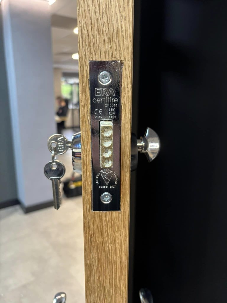 Another angle of the thumbturn operated lock installed with the key in